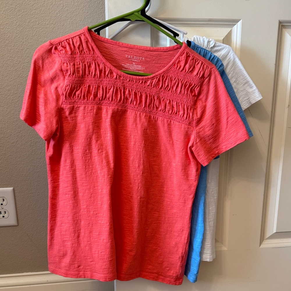 Talbots Coral, Sky Blue, and White Short Sleeve Tees
